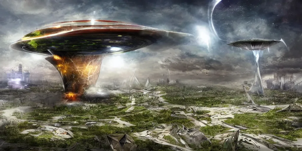 Image similar to future forest city attacked by spaceship, concept art, tornado, war,