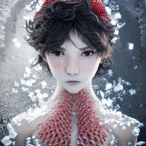 Image similar to the face of an absurdly beautiful, graceful, elegant, sophisticated, fashionable young gravure idol made of strawberries and white petals, an ultrafine hyperdetailed illustration by kim jung gi, irakli nadar, intricate linework, bright colors, octopath traveler, final fantasy, unreal engine 5 highly rendered, global illumination, radiant light, detailed and intricate environment