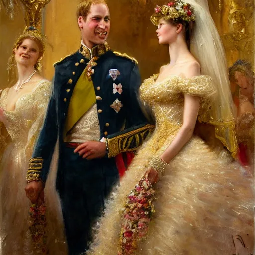 Prompt: detailed painting of prince william marrying attractive gigi hadid, highly detailed painting by gaston bussiere, craig mullins, j. c. leyendecker 8 k, 4 k, smiling couple, royal painting, human face, watercolor, realistic human