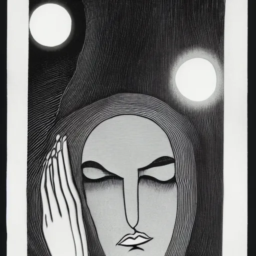 Prompt: beautiful woman with her eyes closed, close - up face, walking in the forest at night. full moon. folk horror. man ray