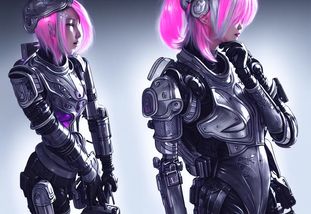 Image similar to portrait grey pink hair futuristic armor police girl, metallic black and little yellow color uniform, at cyberpunk lights shibuya japan reflected night, ssci - fi, neon light and fantasy, intricate and beautiful, highly detailed, cyber concept art, digital painitng, artstation, smooth and sharp focus, illustration, art by tian zi and wlop and alphonse mucha