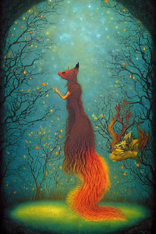 Image similar to surreal hybrid dragons and foxes, nostalgia for a fairytale, magic realism, flowerpunk, mysterious, vivid colors, by andy kehoe, amanda clarke