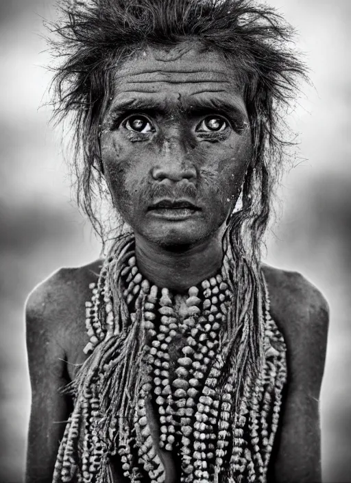 Image similar to Award winning Editorial photo of a Native Nauruans with incredible hair and beautiful hyper-detailed eyes wearing traditional garb by Lee Jeffries, 85mm ND 5, perfect lighting, gelatin silver process