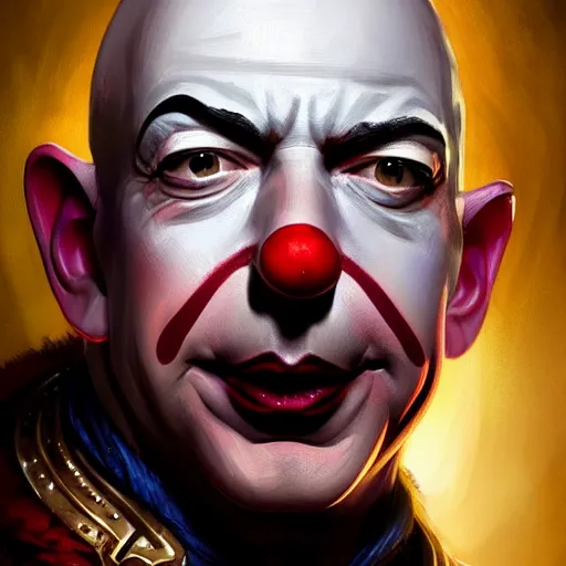 Image similar to Jeff Bezos in clown makeup, closeup, D&D, fantasy, intricate, elegant, highly detailed, digital painting, artstation, concept art, matte, sharp focus, illustration, hearthstone, art by Artgerm and Greg Rutkowski and Alphonse Mucha