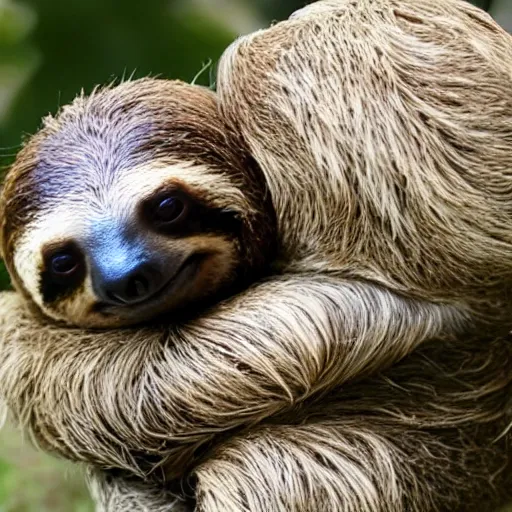 Image similar to a sloth hugging a turtle