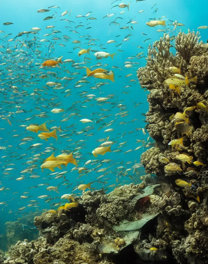 Image similar to an underwater city school for fish, 8k, National Geographic photo field.