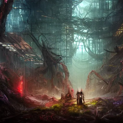 Image similar to yggdrasil growing in a dark forest where gears and electronic parts grow on the trees , cyberpunk landscape wallpaper, d&d art, fantasy, painted, 4k, high detail, sharp focus