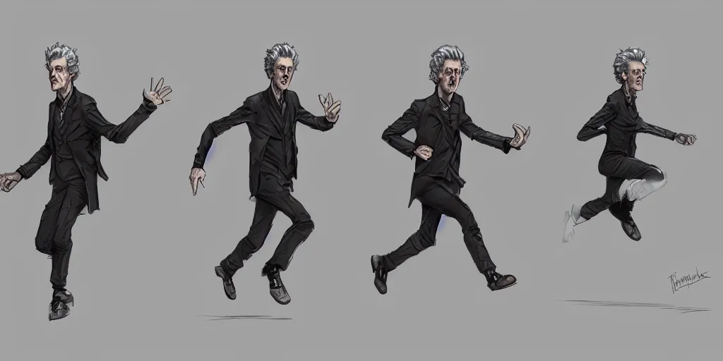 Image similar to cartoonish peter capaldi running, character sheet, fine details, concept design, contrast, kim jung gi, greg rutkowski, trending on artstation, 8 k, full body, turnaround, front view, back view, ultra wide angle