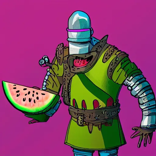 Prompt: nigel thornberry wearing medieval armor, smashing a watermelon, cyberpunk, vivid, neon, universe background