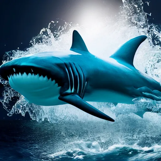 Image similar to water artwork manipulation in the shape of a giant shark, on the ocean water, ray tracing, realistic water sharp focus, long shot, 8 k resolution, cinematic, amazing water art