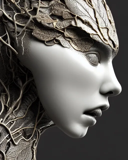 Image similar to close - up profile face, black background, 3 d render of a beautiful porcelain vegetal dragon cyborg young female, 1 5 0 mm, beautiful natural soft rim light, silver gold details, magnolia leaves and stems, roots, fine lace, mandelbot fractal, elegant, ultra detailed, white metallic armour, octane render, black and white, h. r. giger style