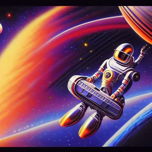 Prompt: UHD photorealistic studio portrait of cosmic Elon Musk riding a robot in space, futuristic robot, exotic alien Elon Musk, correct face, bold, vivid colors, intricate background, robotic enhancements, Tim Hildebrandt, Wayne, Amano, Barlowe, Bruce Pennington, donato giancola, larry elmore, moving, masterpiece, trending on artstation, Lisa Frank, cinematic composition, dramatic pose, studio lighting, sharp, crisp detail, hyper-detailed