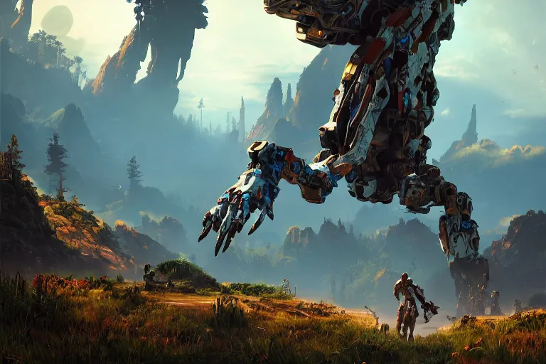 Image similar to tallneck machine mecanical creature robot of horizon forbidden west horizon zero dawn bioluminiscence global illumination ray tracing hdr fanart arstation by ian pesty and alena aenami artworks in 4 k