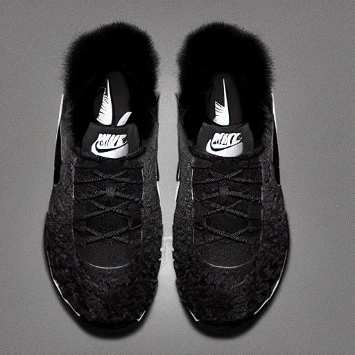 Image similar to nike shoe made of very fluffy black faux fur placed on reflective surface, professional advertising, overhead lighting, heavy detail, realistic by nate vanhook, mark miner