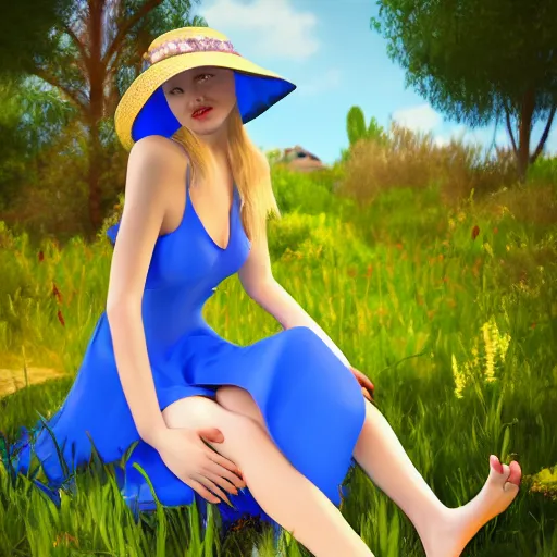 Image similar to blonde girl in a blue dress and a sun hat sitting barefoot in a garden, hyperdetailed, cinematic, kinemacolor, artstation, photorealistic, beautiful 8 k