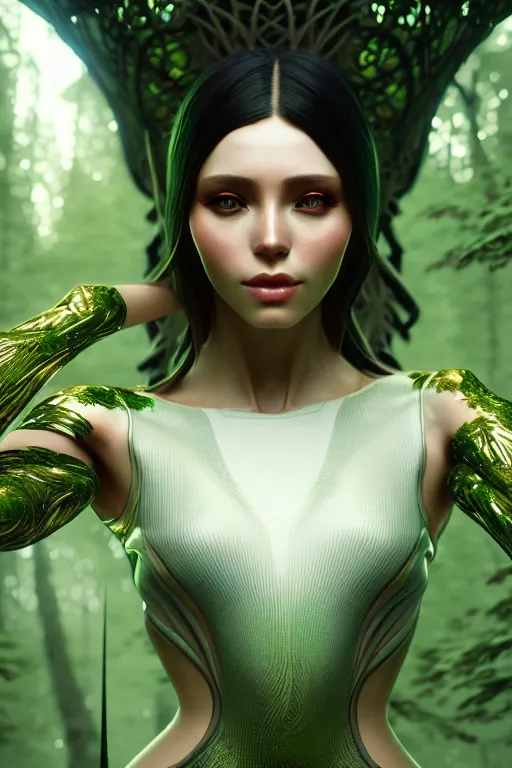 Image similar to beautiful digital painting of a stylish futuristic female forest with high detail, 8 k, stunning detail, works by artgerm, greg rutkowski and alphonse mucha, unreal engine 5, 4 k uhd