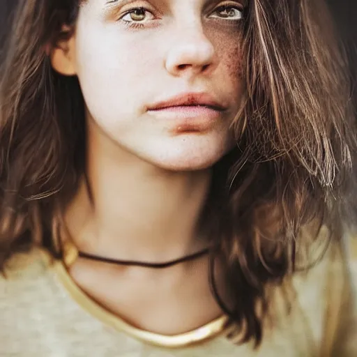 Image similar to a candid portrait of a brunette female, young, athletic, australian, pixellated face, wearing a gold tshirt in a kitchen, closeup