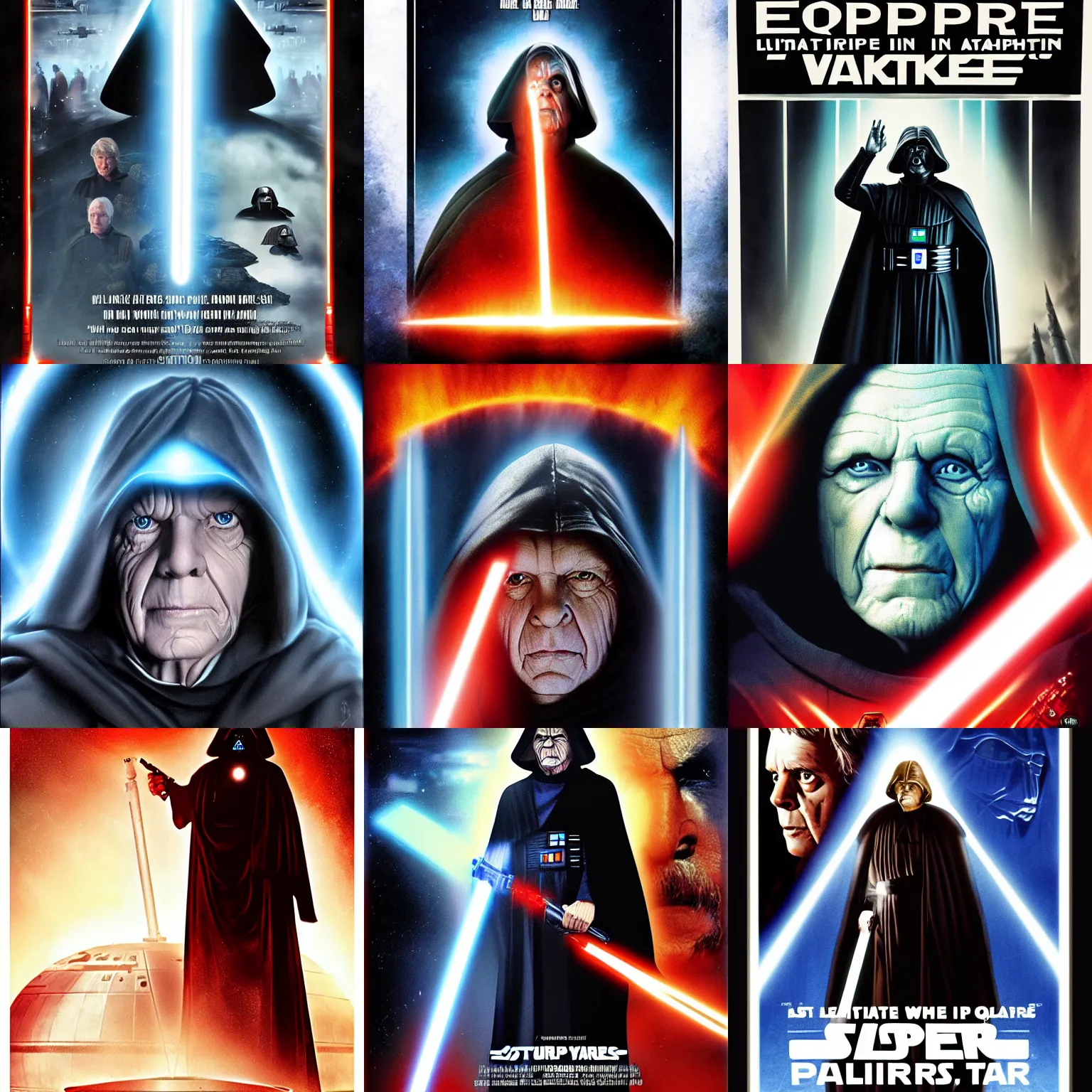 Prompt: emperor palpatine looking down at luke skywalker below, scifi movie poster