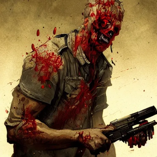 Image similar to a men shooting at a zombie the zombie head exploded because of the bullet by greg rutkowski