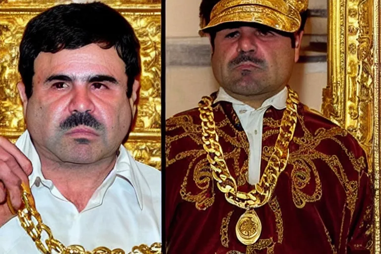 Image similar to el chapo is a genie standing in the middle of a grandiose mexican mansion. everything is made out of gold. el chapo is sipping on wine. the mansion is incredible and ornate. chapo has a clockwork chain. there are princesses and queens everywhere around him, lovely scene of a genie being a pimp