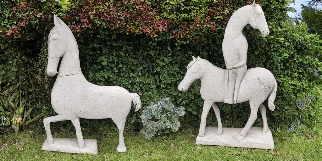 Image similar to folk art carved concrete statue of a horse rearing up, in an english cottage garden