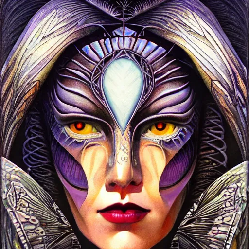 Prompt: beautiful closeup portrait of an art deco witch, glowing eyes. reflective detailed textures, moth wings, highly detailed dark fantasy science fiction painting by diego rivera and annie swynnerton and jean delville and saturno butto and michael whelan, elaborate geometric ornament, ancient runes, silver and cool colors. artstation