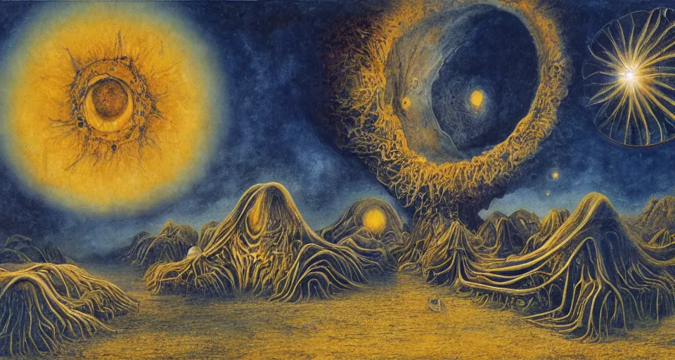 Prompt: alien planet, inhabited by giant aliens, dichromatism, 8 k, super - resolution, massive scale, elegant, ornate, hyper realistic, by remedios varo uranga