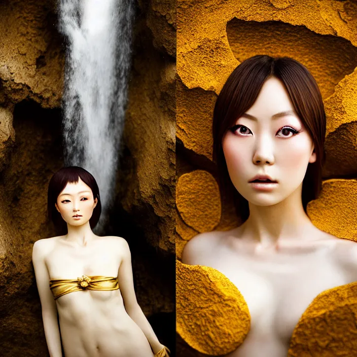 Image similar to Kodak Portra 400, 8K, soft light, volumetric lighting, highly detailed, Rena Nounen style 3/4 ,portrait photo of a Japanese ravishing Goddess by WLOP, the face emerges from a lava flowing gold travertine terraces with lotus flowers, inspired by Ophelia paint , a beautiful chic dress and hair are intricate with highly detailed realistic beautiful flowers , Realistic, Refined, Highly Detailed, ethereal lighting colors scheme, outdoor fine art photography, Hyper realistic, photo realistic