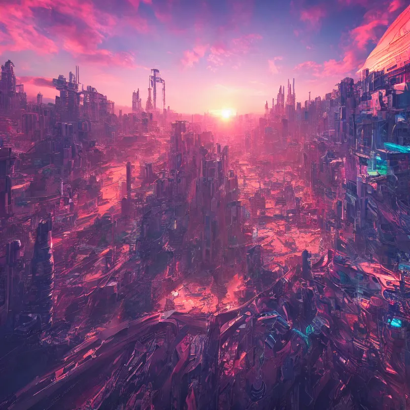 Prompt: An ultra-high resolution photograph of a colorful sci-fi fututistic city, sunrise, by Yoshitaka Amano and Alena Aenami, Trending on Artstation, nvidia, matte painting, unreal engine