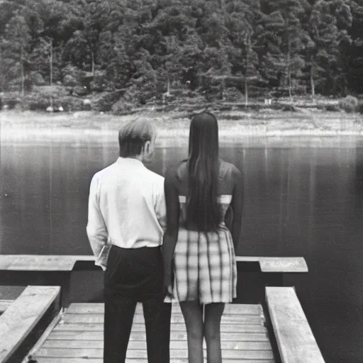 Image similar to A beautiful photograph of a man and a woman are standing on a dock, looking out at a body of water. The woman has her hand on the man's shoulder, and they appear to be deep in conversation. The colors in the photograph are muted, and the scene has a calming feeling. quartz by Ludwig Mies van der Rohe detailed, lines