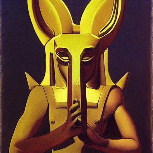 Image similar to Anubis by Raphael, Hopper, and Rene Magritte. detailed, romantic, enchanting, trending on artstation.