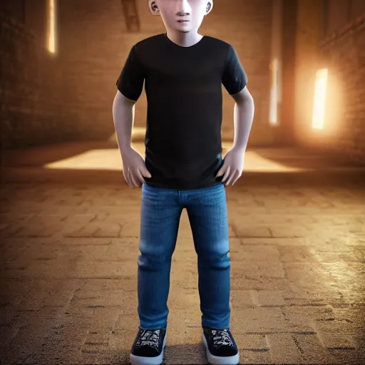 Image similar to a detailed full body image of boy with blonde hair and blue eyes wearing a black tshirt, unreal engine 5 rendered, incredibly highly detailed and realistic, 8 k, sharp focus, studio quality