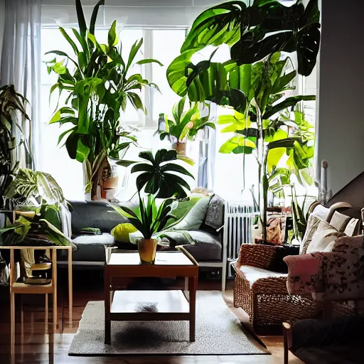 Image similar to An IKEA catalog photograph of a cozy, warm living room, bathed in golden light, with many tropical plants and eclectic furniture, a figure rests on an old couch, highly relaxed, sunday afternoon, living the good life, at peace, golden ratio