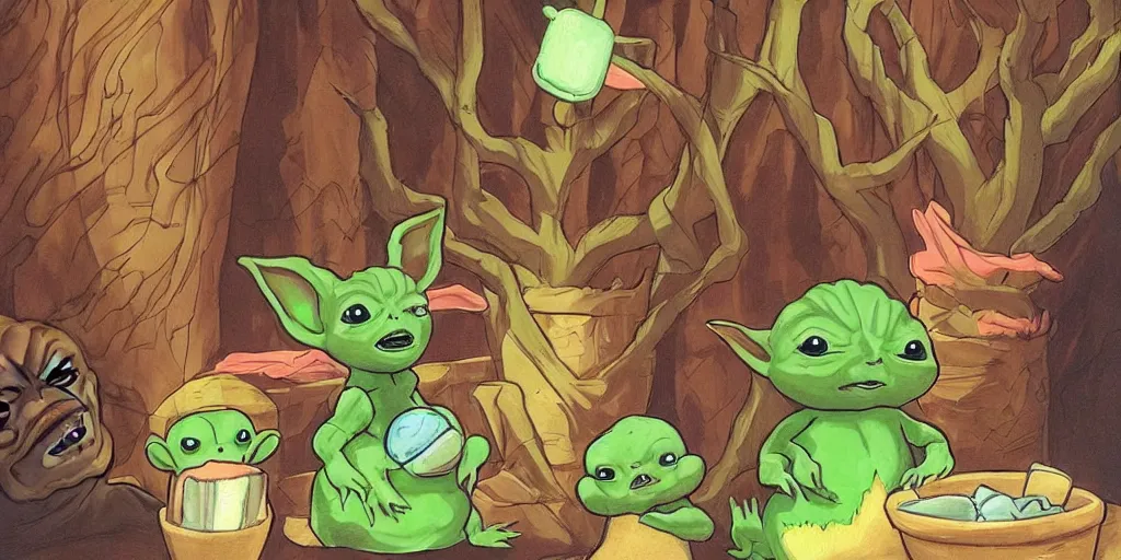 Image similar to Groot and baby Yoda eating an ice cream while watching Pikachu dance, very detailed picture, very detailed and beautiful lighting