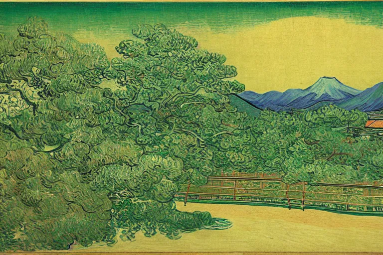 Image similar to japanese scenery in edo period, by vincent van gogh, high saturation, green color scheme