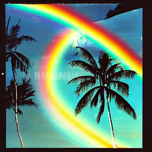 Image similar to miracle musical Hawaii part ii album cover, showing an ocean in the background, spiral transparent stairs on the left with tall palm trees behind it, a slight rainbow in the background, white outline border, moon in the right top area black and white except for the rainbow album cover