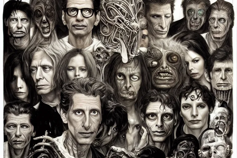 Prompt: hyper realistic portrait of wider faced jeff goldblum, silver haired, the fly, the thing, body horror, cronenberg, by hr giger, by lee bermejo, alphonse mucha and greg rutkowski