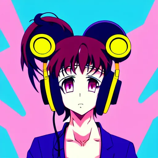 Image similar to An anime character's head wearing retro headphones. 90s anime, Sailor Moon, Neon Genesis, official art, flat cell shading, fantastic screenshot art, trending on artstation, muted nostalgic colors