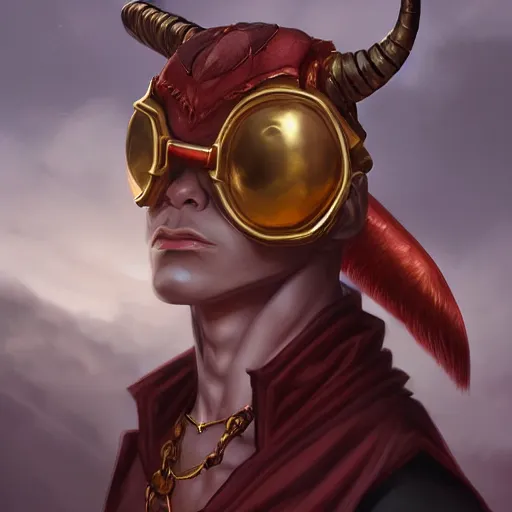 Image similar to Red skinned Male Tiefling alchemist with gold rimmed goggles and long horns, highly detailed, ominous, artgerm, digital illustration, concept art, 8k, trending on artstation