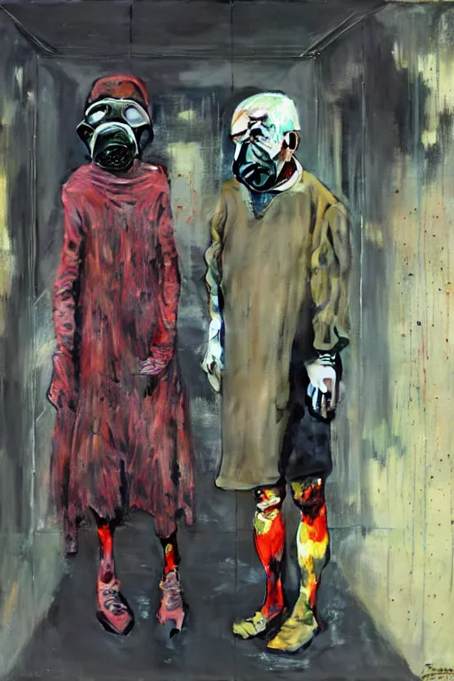 Prompt: two skinny old people wearing gas masks inside a brutalist designed space ship, gothic, rich deep colours, painted by francis bacon, adrian ghenie, james jean and petra cortright, highly detailed part by gerhard richter, part by takato yamamoto. 8 k masterpiece