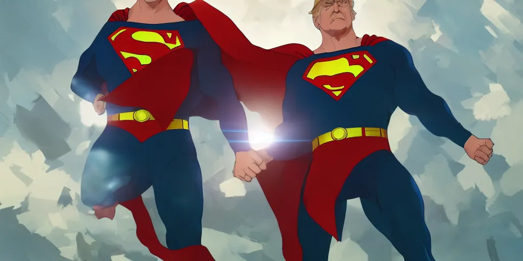 Image similar to donald trump as superman, art by makoto shinkai, studio ghibli, greg rutkowski, wlop, highly detailed, 4 k, digital art, high quality, studio portrait