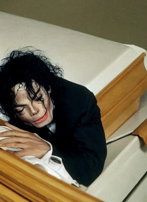 Image similar to photo still of michael jackson unconscious inside a coffin, full-shot, 4k