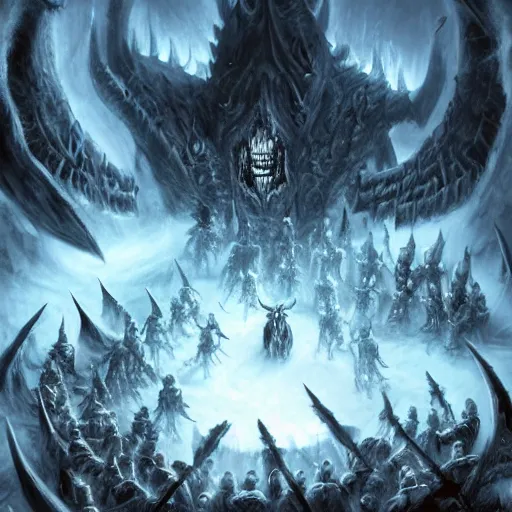 Image similar to vast ice dungeon, the lich king summoning a horde of undead warriors, warcraft, warcraft artwork, digital drawing, hyperrealistic, hyper detailed, dark fantasy, gritty