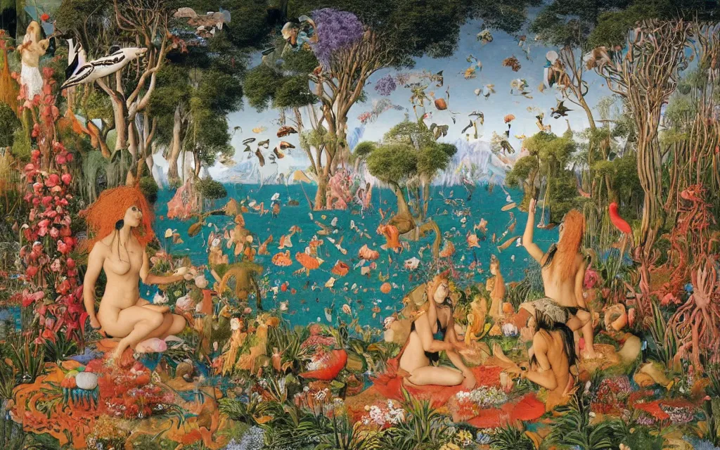 Prompt: a portrait photograph of a meditating mermaid shaman and a zebra centaur monk feeding parrots at a wide river delta. surrounded by flowers, animals and trees. mountain range under a vast blue sky of burning stars. painted by jan van eyck, max ernst, ernst haeckel, ernst fuchs and artgerm, cgsociety, artstation, simple composition