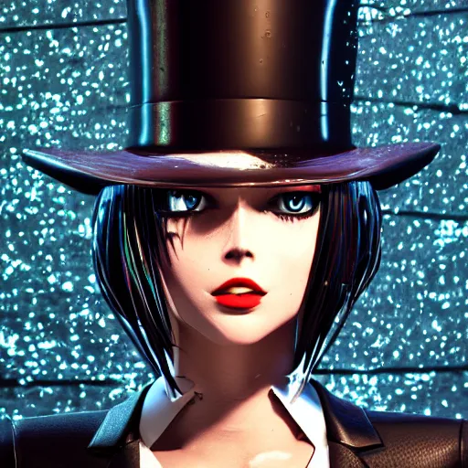 Prompt: stylish anime woman made out of rain, pinstripe suit, top hat, cyberpunk background, rendered in octane, unreal engine, raining, highly detailed, trending on artstation, realistic, neon, beautiful