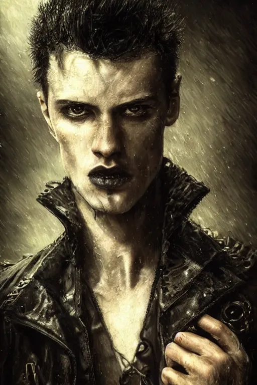 Image similar to a rough looking young man, buzzed hair, gothic, tattered leather coat, intricate, elegant, dramatic lighting, gorgeous face, highly detailed, lifelike, photorealistic, digital painting, artstation, illustration, concept art, smooth, sharp focus, art by John Collier and Albert Aublet and Krenz Cushart and Artem Demura and Alphonse Mucha