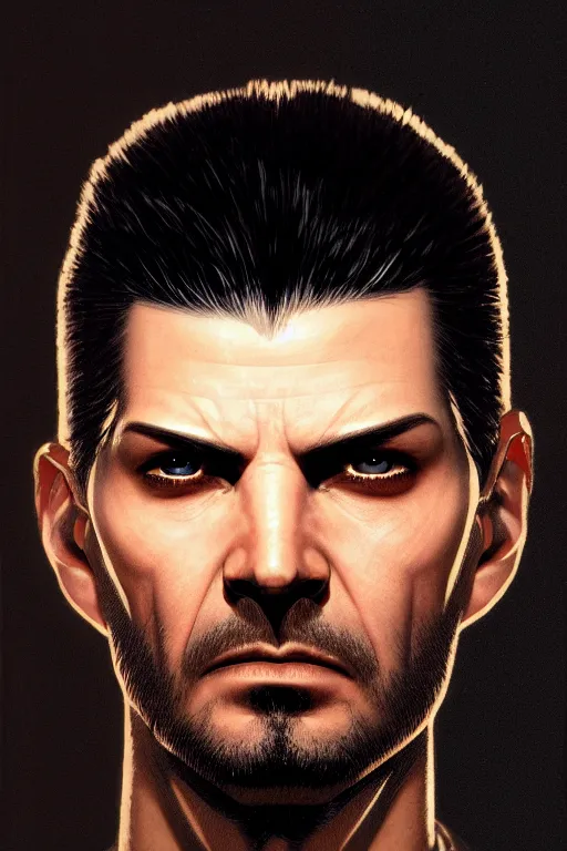 Prompt: Adam Jensen face up close, light streaking in from blinds, by J. C. Leyendecker