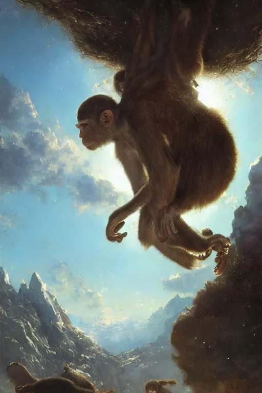 Image similar to space monkeys, 8 k, trending on artstation, smooth, sharp focus artwork by gustave courbet, mark keathley, greg rutkowski and annie leibowitz