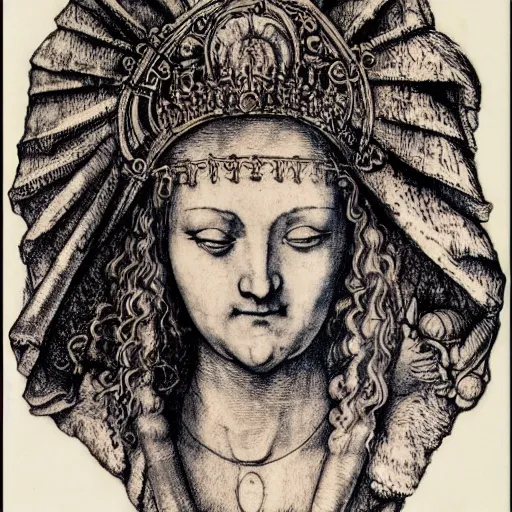 Image similar to albrecht durer, albrecht altdorfer, hans holbein, lucas cranach, gustave dore, engraving-style tattoo of regal female boddhisatva with the attributes of Diana, Athena, Guanyin, Shakti, Deborah, and Seshat