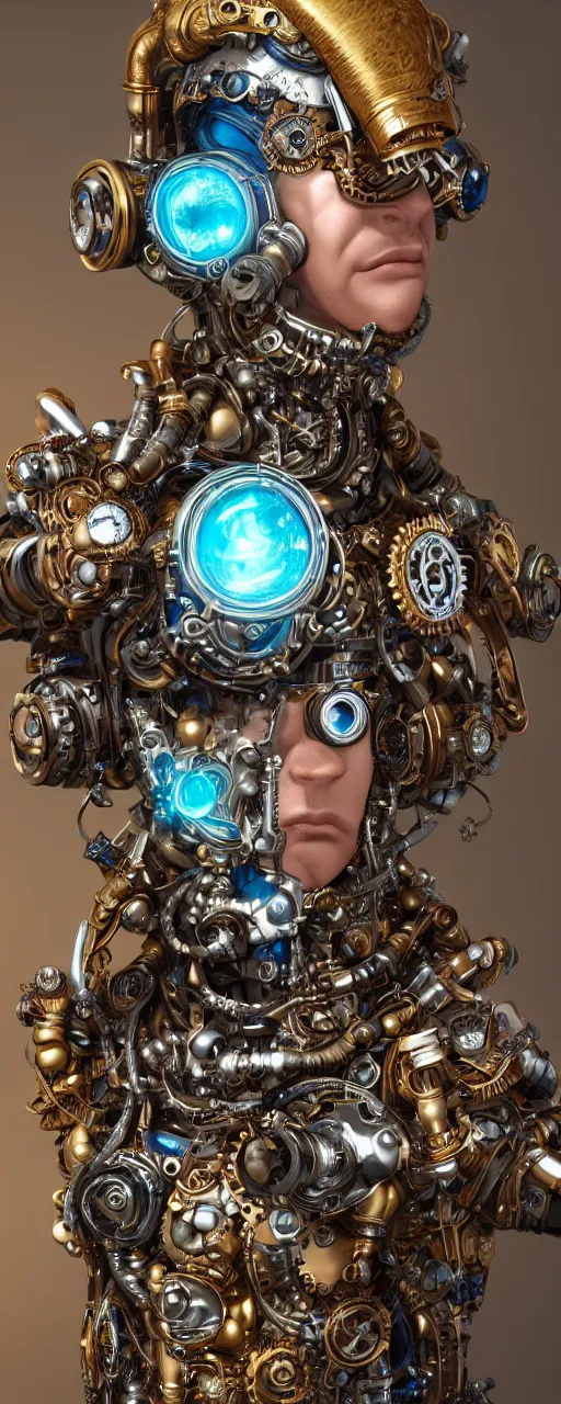 Image similar to Portrait of a steampunk sci-fi cyborg pirate bionic man, third person, D&D, sci-fi fantasy, cogs and springs, shiny jewels, intricate, gold with blue and teal fringe highlights, highly detailed, art by Range Murata, highly detailed, 3d, octane render, bright colors, digital painting, trending on artstation, sharp focus, illustration style of Stanley Artgerm, highly detailed background in a cinematic style